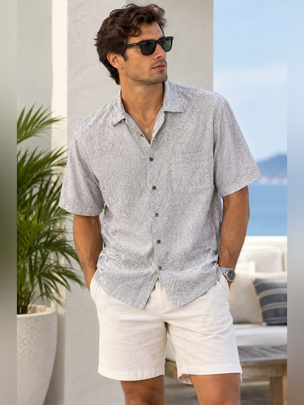 Calvin Klein Men's Short Sleeve Button-Up Shirt in White Gray Micro-Pattern XL
